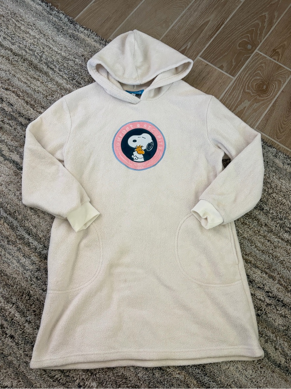 Peanuts Cream Hooded Fleece Dress with Snoopy Patch and Pink Trim